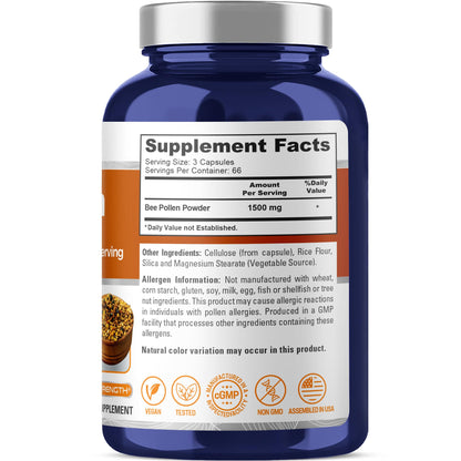 NusaPure Bee Pollen 1500mg 200 Veggie Caps (100% Vegetarian, Non-GMO, Vegan) Naturally Occurring Proteins, Aminoacids - Maple Wellness Supplements