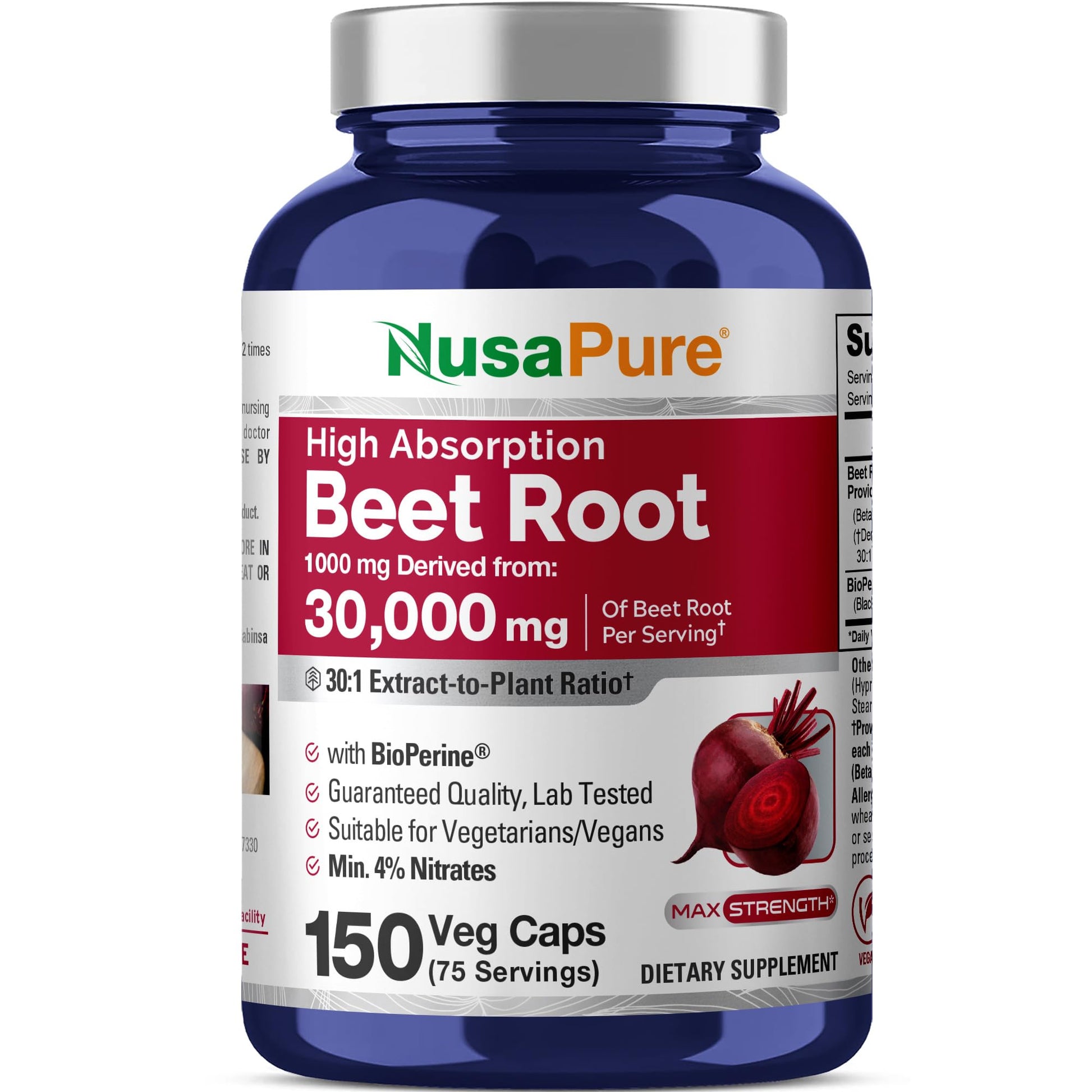 NusaPure Beet Root 30:1 Extract, 1000 mg Equivalent to 30,000 mg 150 Veggie caps (Vegan, Non-GMO & Vegan 4% Nitrates) Bioperine - Maple Wellness Supplements