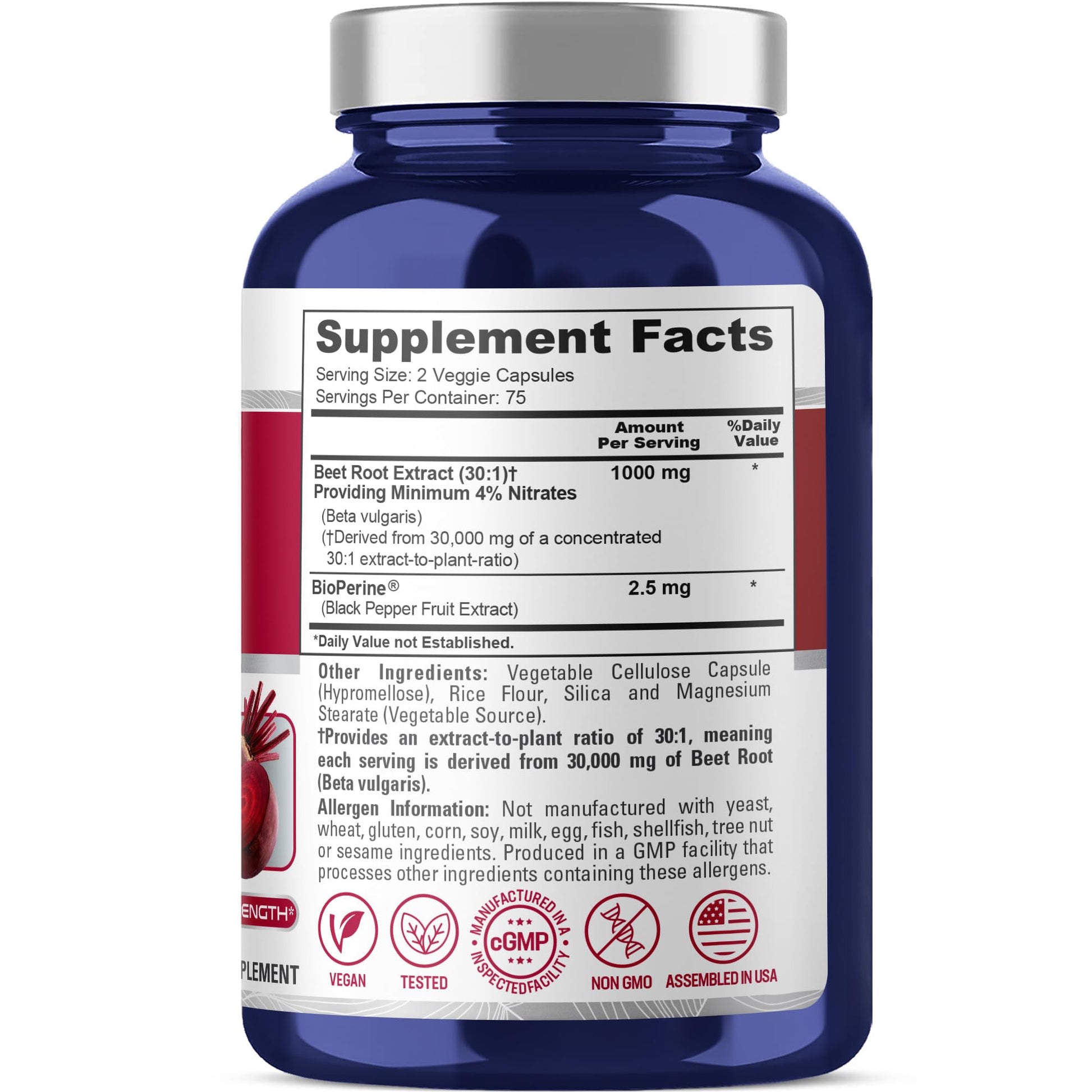 NusaPure Beet Root 30:1 Extract, 1000 mg Equivalent to 30,000 mg 150 Veggie caps (Vegan, Non-GMO & Vegan 4% Nitrates) Bioperine - Maple Wellness Supplements