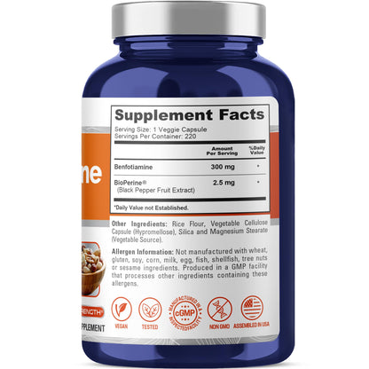NusaPure Benfotiamine 300mg Per Veggie Caps 220 Count (Non-GMO, Vegan) Bioperine - Maple Wellness Supplements