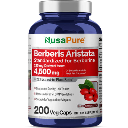 NusaPure Berberine HCI 20:1 Extract, 225 mg Equivalent to 4,500mg - 200 Veggie Caps - (Vegetarian, Non-GMO, Vegan) - Maple Wellness Supplements