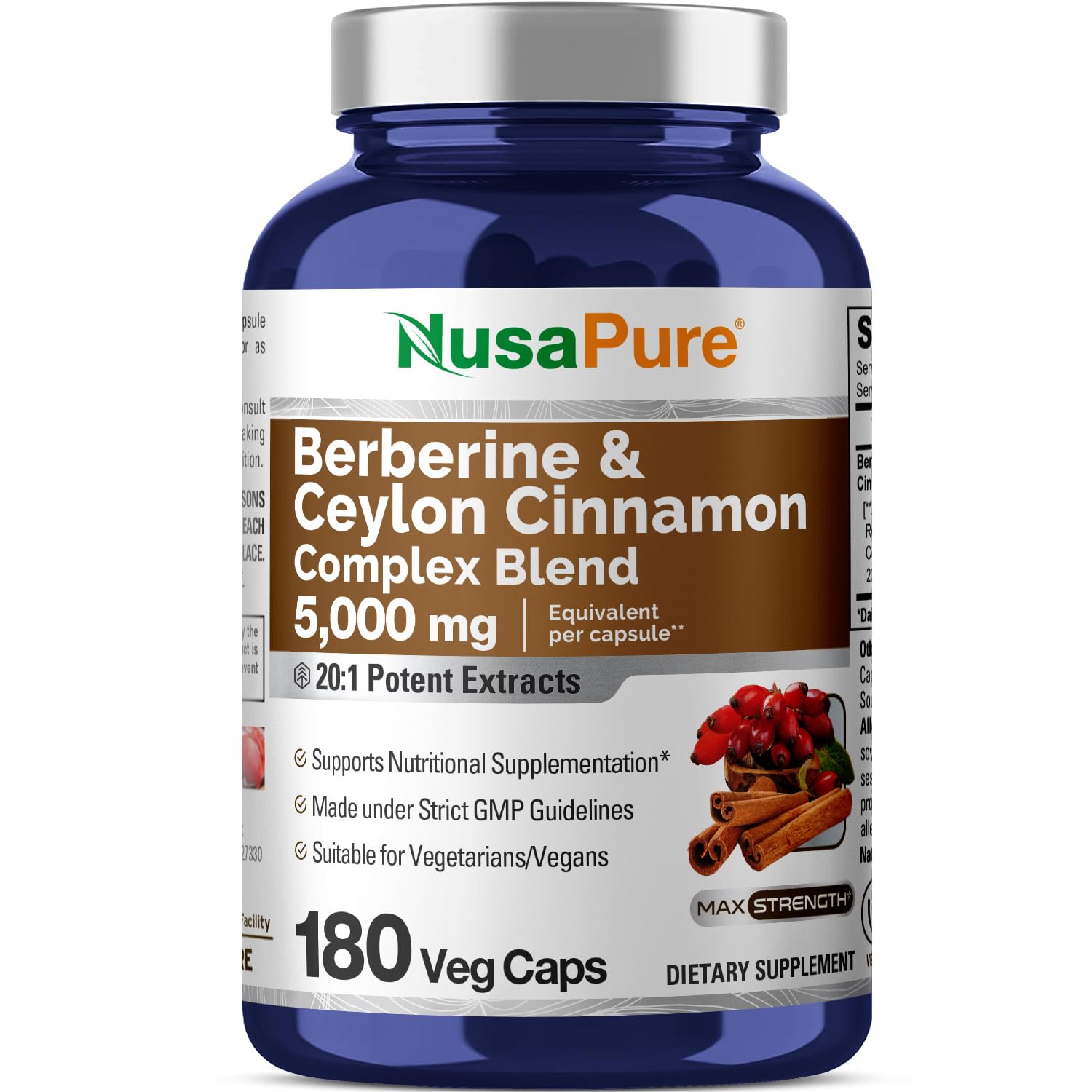 NusaPure Berberine with Ceylon Cinnamon 20:1 Extract, 250 mg Equivalent to 5000mg 180 Veggie Capsules, Vegetarian, Non-GMO Supplement, (Berberine Complex) - Maple Wellness Supplements