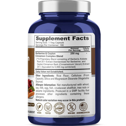NusaPure Berberine with Ceylon Cinnamon 20:1 Extract, 250 mg Equivalent to 5000mg 180 Veggie Capsules, Vegetarian, Non-GMO Supplement, (Berberine Complex) - Maple Wellness Supplements