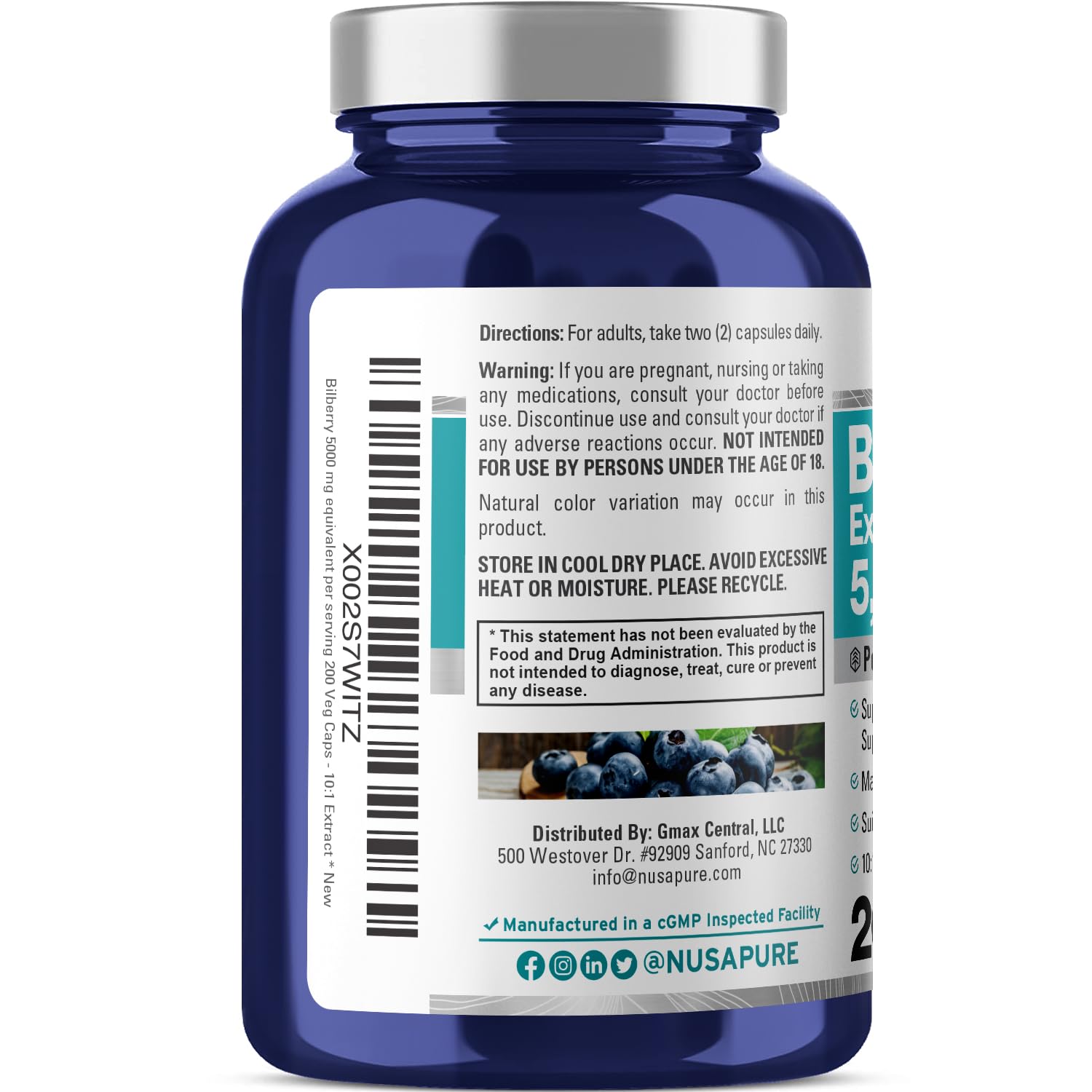 NusaPure Bilberry Extract 5,000mg 200 Vegetarian caps (Non-GMO, Vegan) - Maple Wellness Supplements