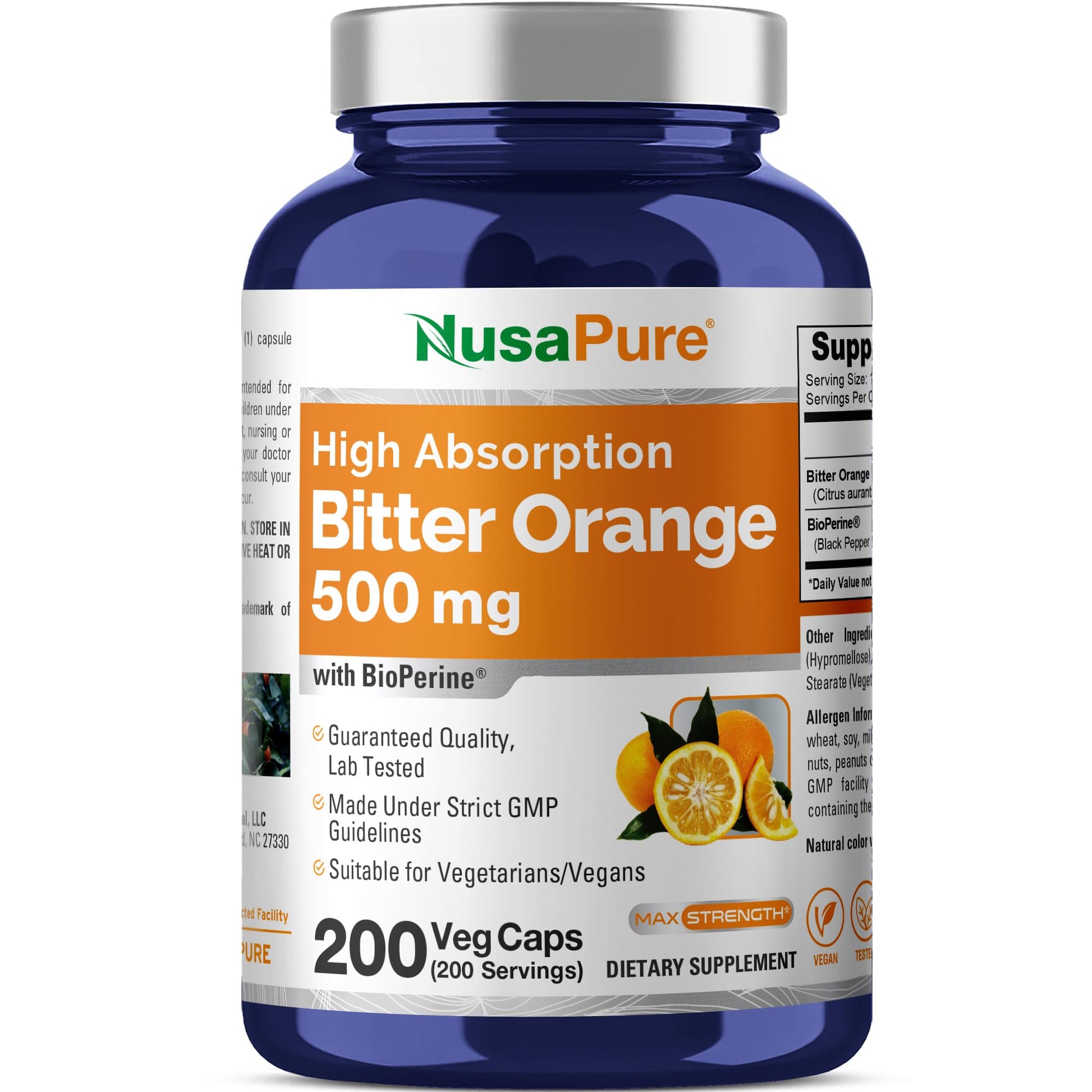NusaPure Bitter Orange - Suitable for Vegetarian/Vegan, Non - GMO - 500mg 200 Capsules - Maple Wellness Supplements