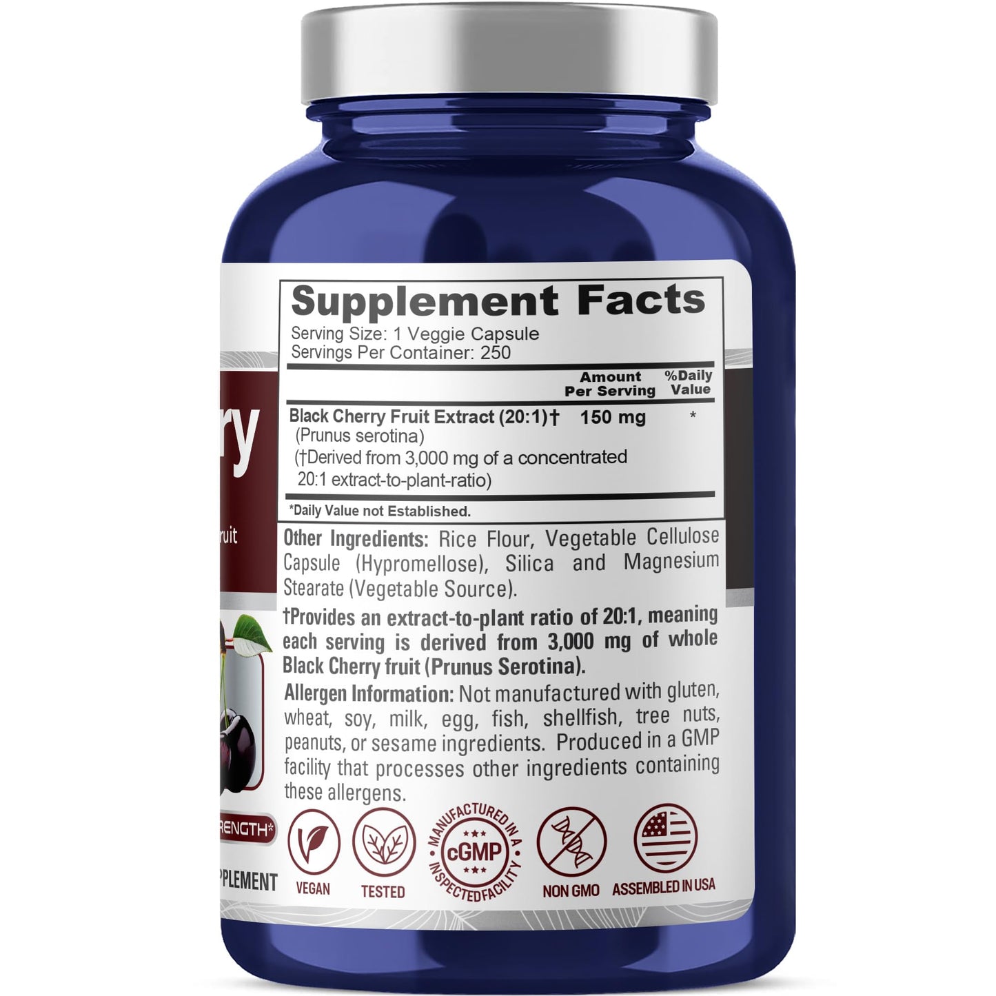 NusaPure Black Cherry Extract 20:1 - Suitable for Vegetarian/Vegan, Non - GMO - 3,000mg 250 Capsules - Maple Wellness Supplements