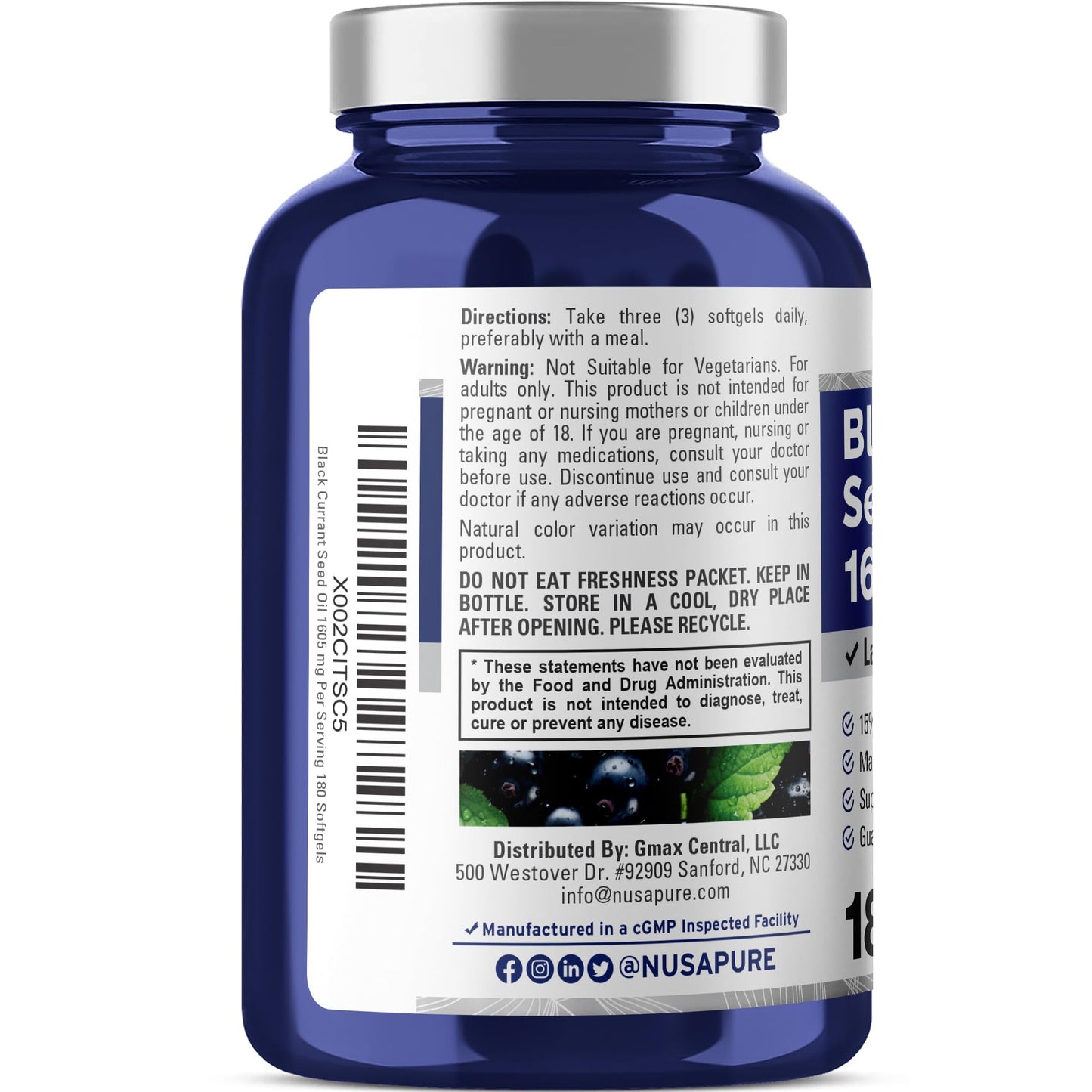 NusaPure Black Currant Seed Oil 1605 mg Gamma Linoleic Acid (GLA) 15% 180 Softgels (Non-GMO, Soyfree) - Maple Wellness Supplements