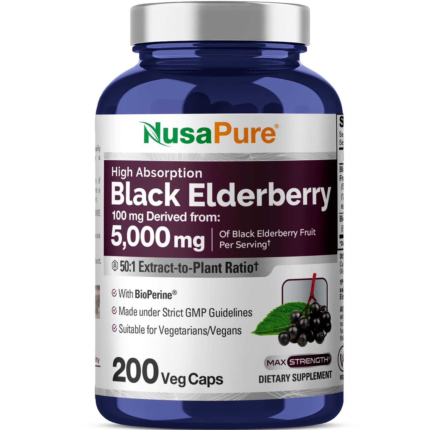 NusaPure Black Elderberry 50:1 Extract, 100 mg Equivalent to 5,000mg per Veggie Capsules, 200 Count (Vegan, Non-GMO, Bioperine) Dietary Supplement - Maple Wellness Supplements