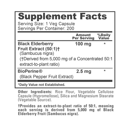 NusaPure Black Elderberry 50:1 Extract, 100 mg Equivalent to 5,000mg per Veggie Capsules, 200 Count (Vegan, Non-GMO, Bioperine) Dietary Supplement - Maple Wellness Supplements