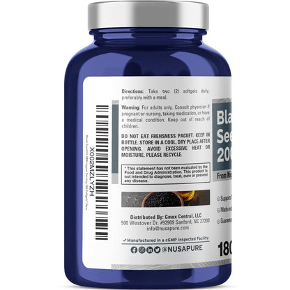 NusaPure Black Seed Oil 2000mg per Serving - 180 Softgel Caps (Non-GMO, Gluten-Free) Cold-Pressed Nigella Sativa - Maple Wellness Supplements