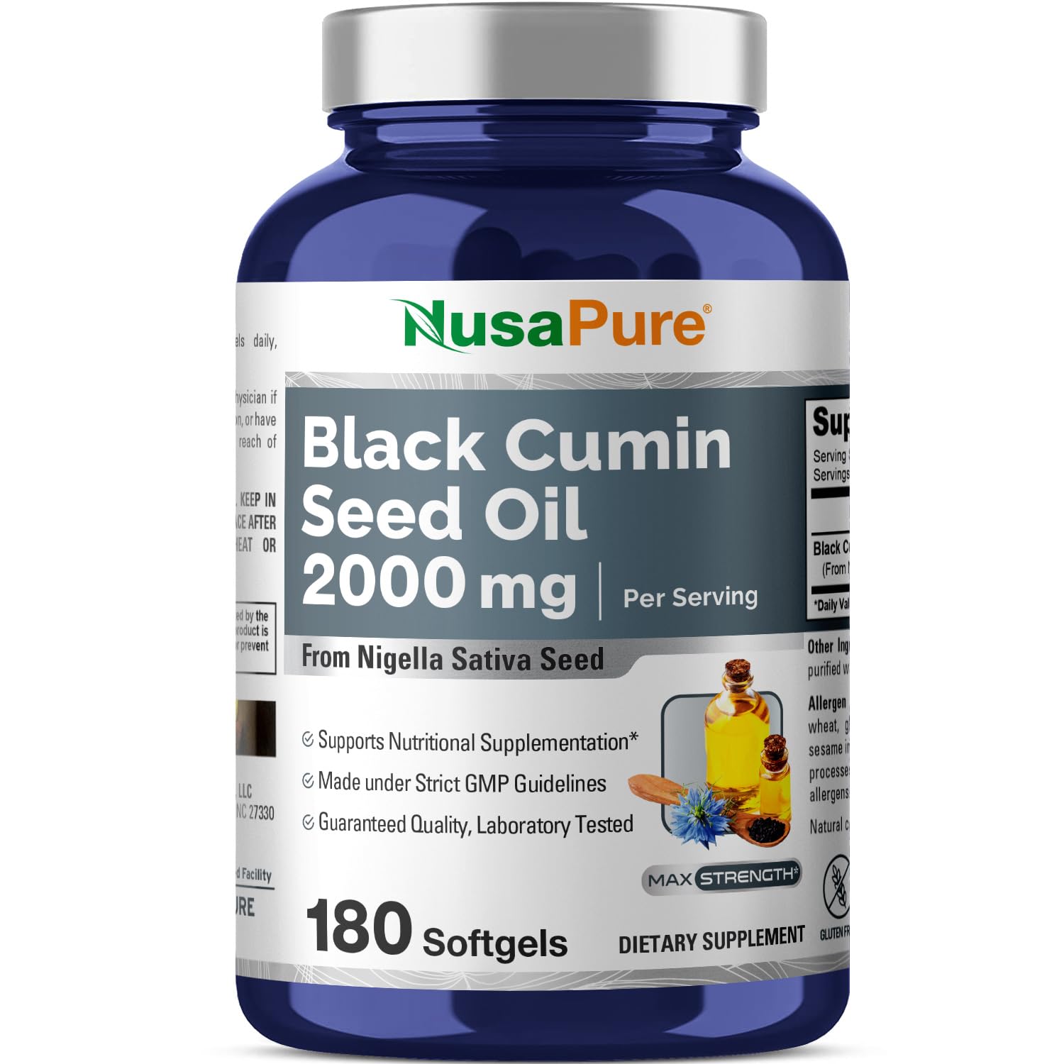 NusaPure Black Seed Oil 2000mg per Serving - 180 Softgel Caps (Non-GMO, Gluten-Free) Cold-Pressed Nigella Sativa - Maple Wellness Supplements