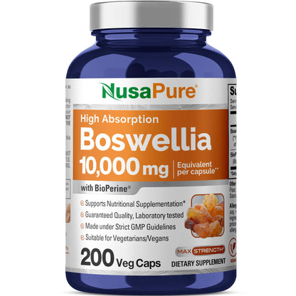 NusaPure Boswellia Serrata 10,000 mg Per Veggie Caps 200 Count (Ext. 20:1, Non-GMO, Vegan, Bioperine) Ayurvedic Herb: Indian Olibanum, Frankincense - Maple Wellness Supplements