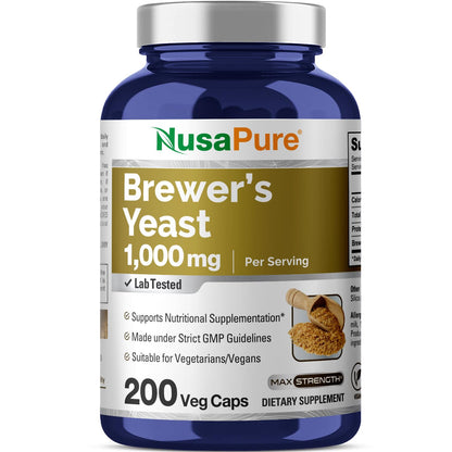 NusaPure Brewer’s Yeast - Suitable for Vegetarian/Vegan, Non - GMO - 1000mg 200 Capsules - Maple Wellness Supplements