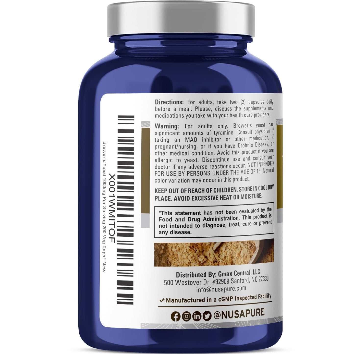 NusaPure Brewer’s Yeast - Suitable for Vegetarian/Vegan, Non - GMO - 1000mg 200 Capsules - Maple Wellness Supplements