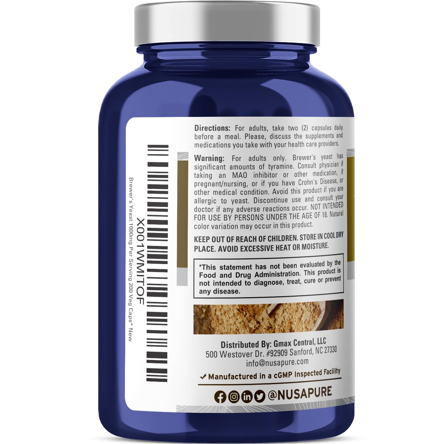 NusaPure Brewer’s Yeast - Suitable for Vegetarian/Vegan, Non - GMO - 1000mg 200 Capsules - Maple Wellness Supplements