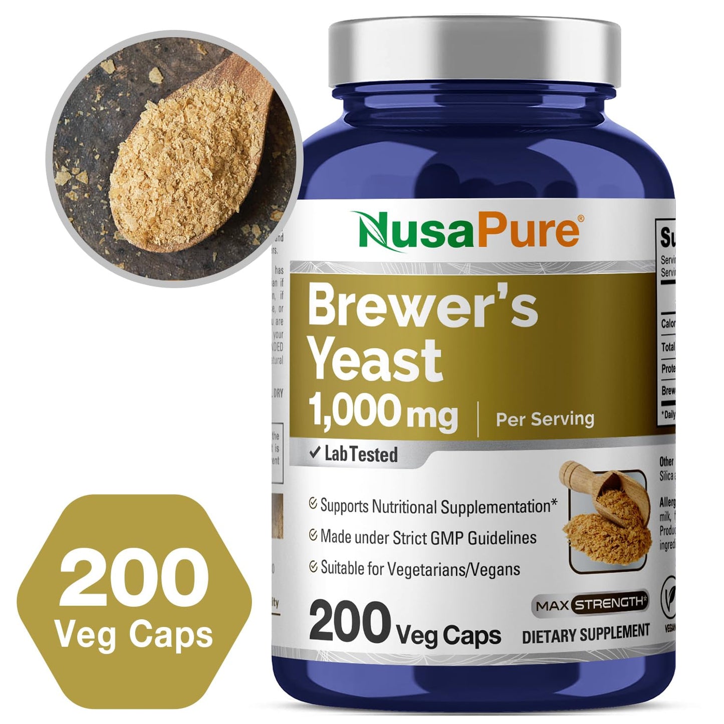 NusaPure Brewer’s Yeast - Suitable for Vegetarian/Vegan, Non - GMO - 1000mg 200 Capsules - Maple Wellness Supplements