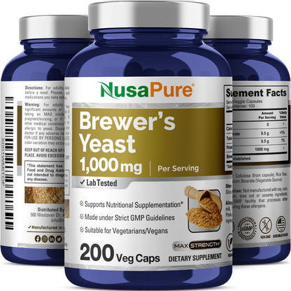 NusaPure Brewer’s Yeast - Suitable for Vegetarian/Vegan, Non - GMO - 1000mg 200 Capsules - Maple Wellness Supplements