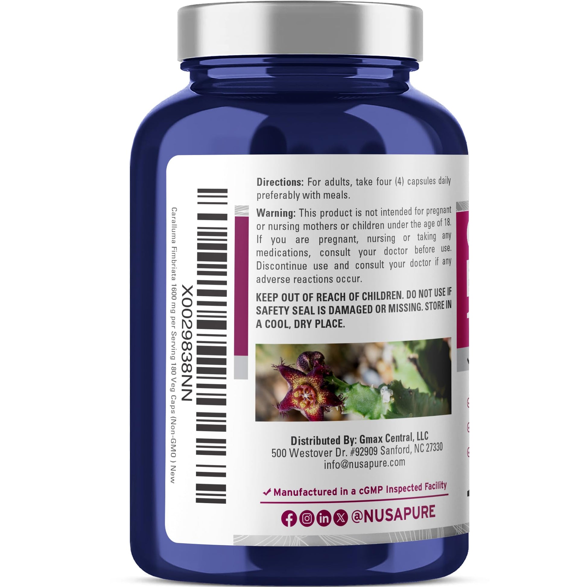NusaPure Caralluma Fimbriata 1600mg - 180 Veggie Capsules (Non-GMO, Vegan) - Maple Wellness Supplements