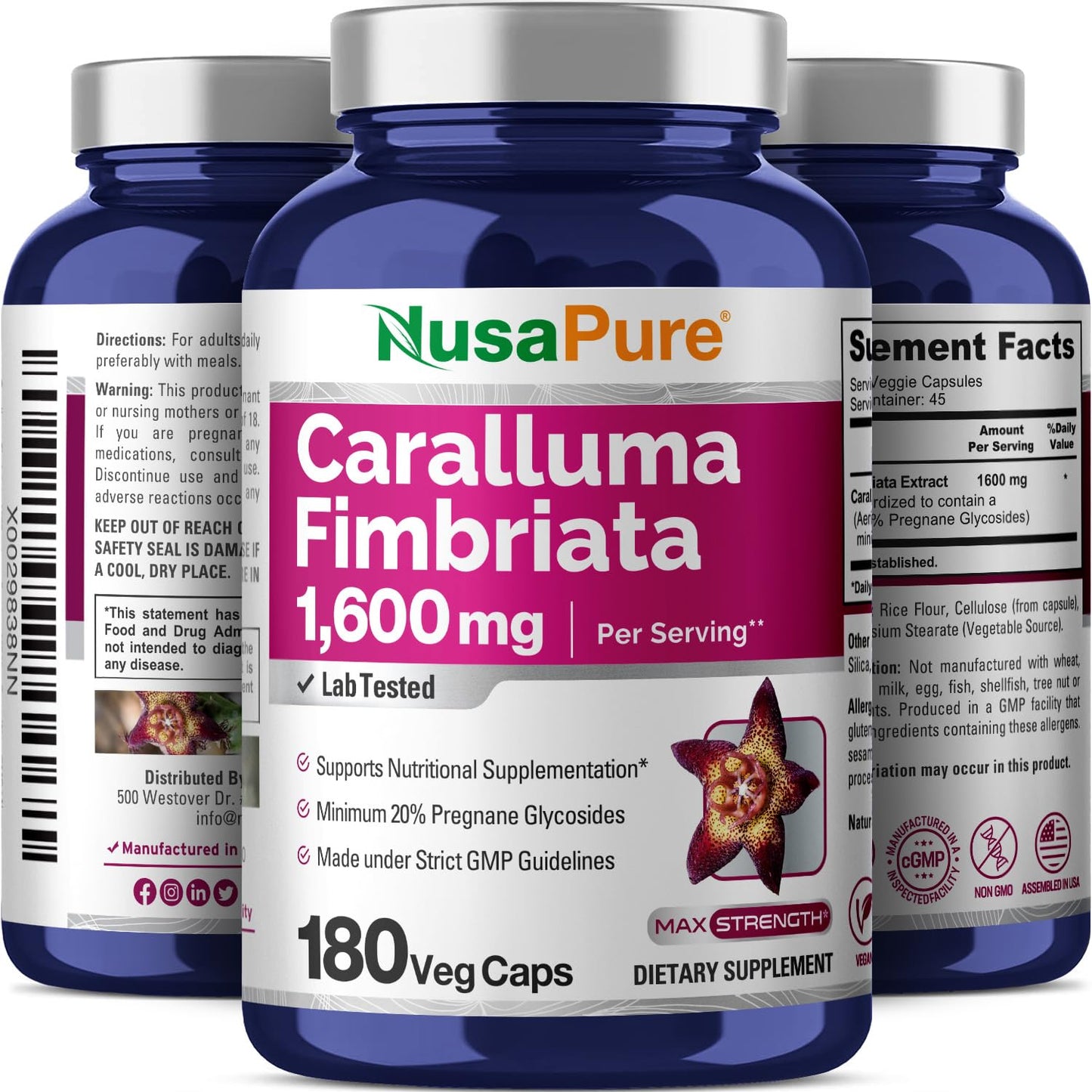 NusaPure Caralluma Fimbriata 1600mg - 180 Veggie Capsules (Non-GMO, Vegan) - Maple Wellness Supplements