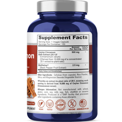 NusaPure Ceylon Cinnamon20:1 Extract, 500 mg Equivalent to 10,000 mg Per Caps | 150 Veggie Capsules | Non-GMO, Vegan with Bioperine - Maple Wellness Supplements
