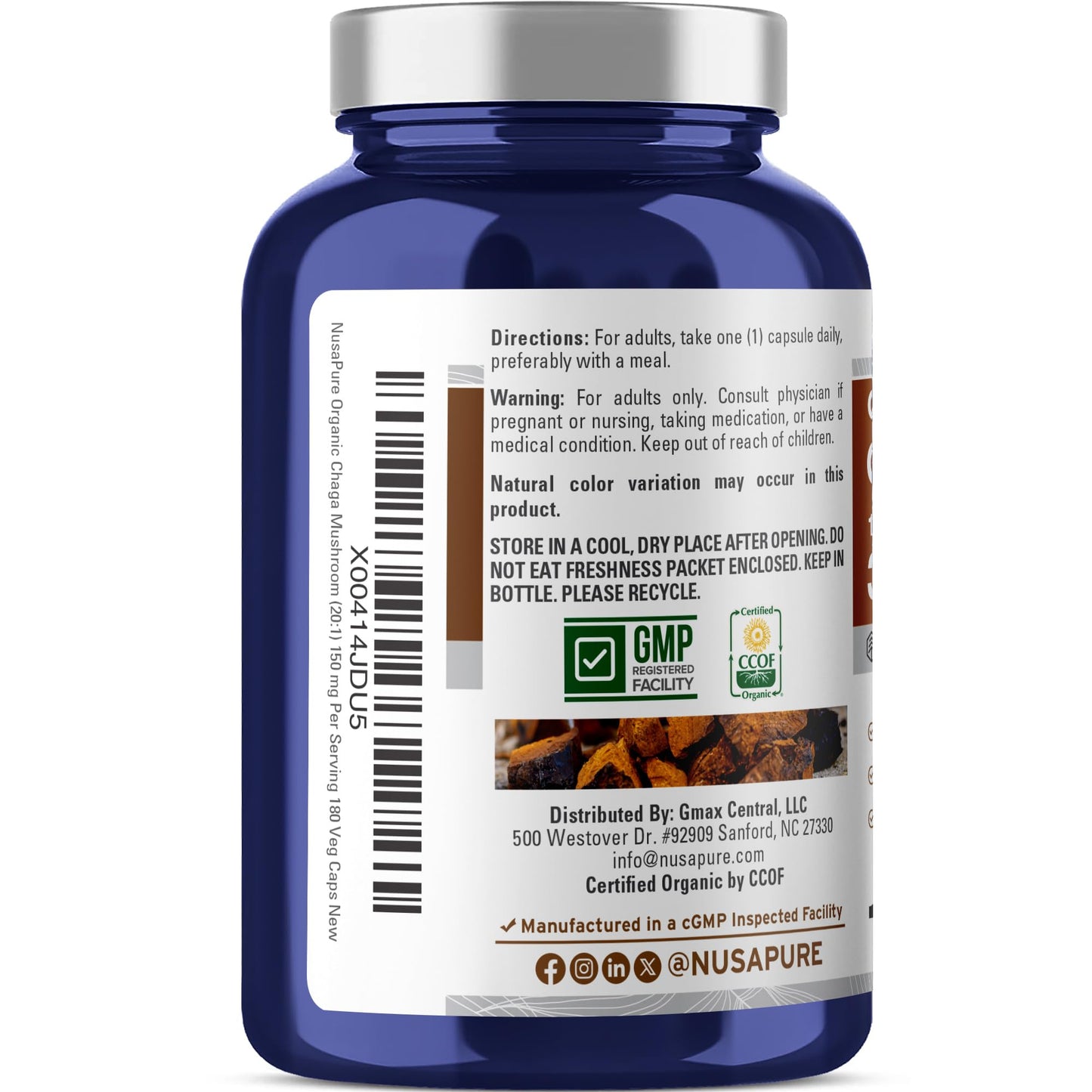 NusaPure Chaga Mushroom 20:1 Extract, 150 mg Equivalent to 3,000mg per Veggie Capsule, 180 Count, USDA Organic, Vegan, Non-GMO - Maple Wellness Supplements