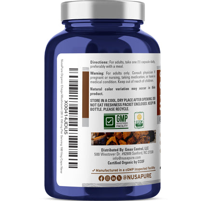 NusaPure Chaga Mushroom 20:1 Extract, 150 mg Equivalent to 3,000mg per Veggie Capsule, 180 Count, USDA Organic, Vegan, Non-GMO - Maple Wellness Supplements