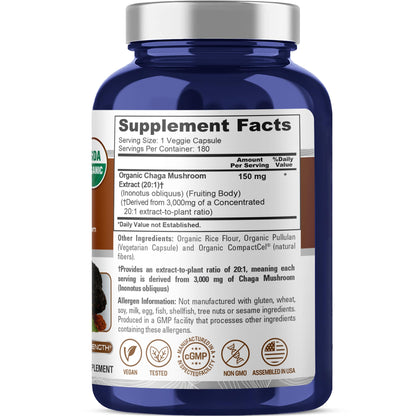 NusaPure Chaga Mushroom 20:1 Extract, 150 mg Equivalent to 3,000mg per Veggie Capsule, 180 Count, USDA Organic, Vegan, Non-GMO - Maple Wellness Supplements