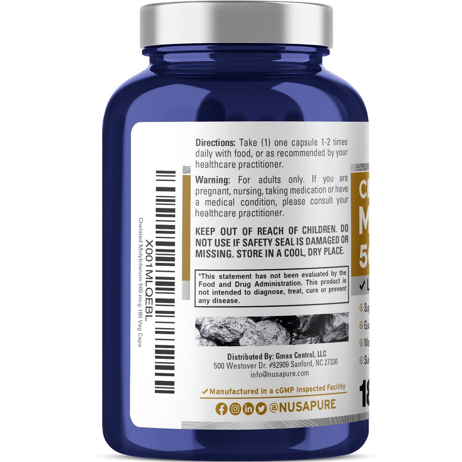 NusaPure Chelated Molybdenum 500 mcg 180 Vegetarian Caps (Vegan, Non-GMO) - Maple Wellness Supplements