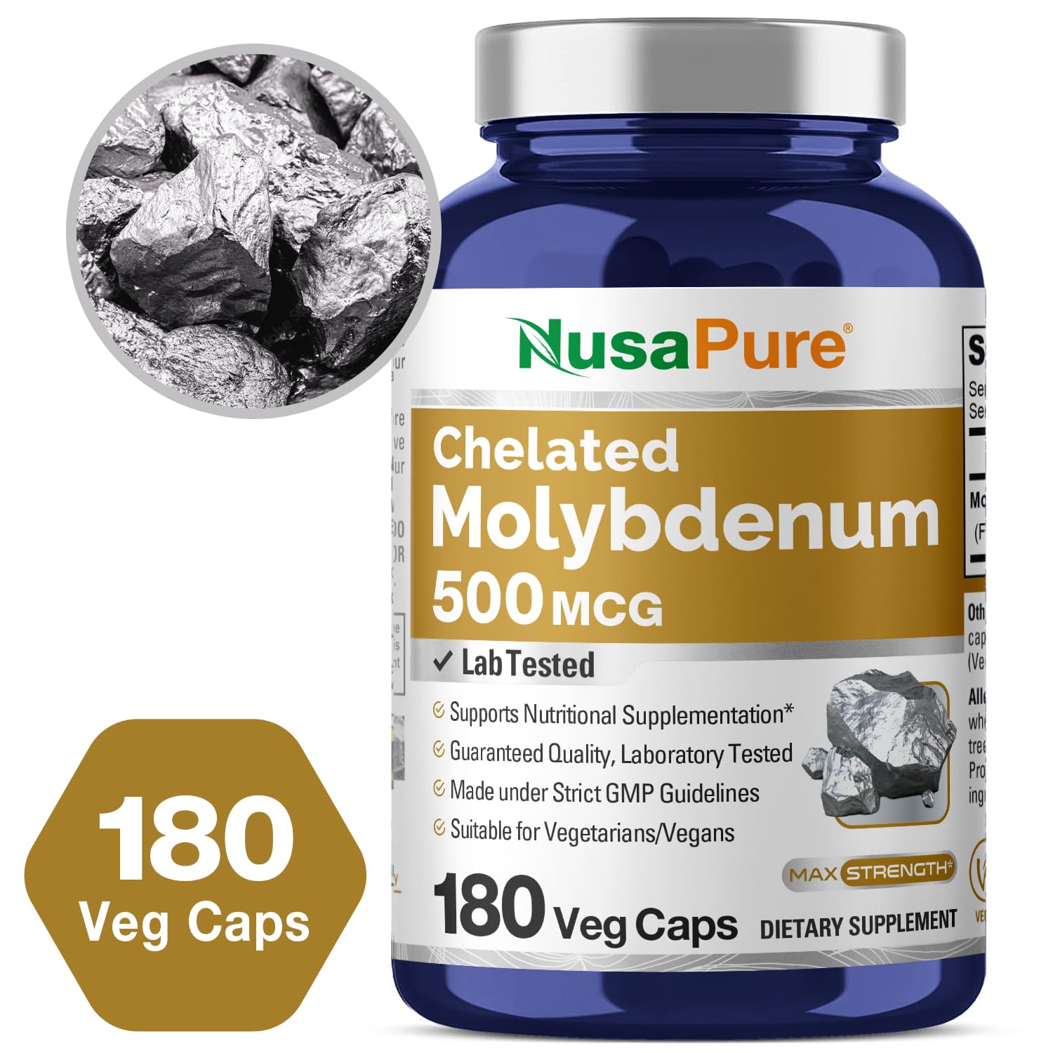 NusaPure Chelated Molybdenum 500 mcg 180 Vegetarian Caps (Vegan, Non-GMO) - Maple Wellness Supplements