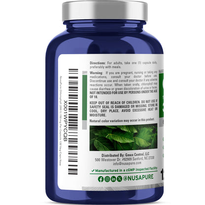 NusaPure Chlorophyll 200:1 Extract, 150 mg Equivalent to 30,000 mg per Capsule 120 Vegetarian Caps (Non-GMO, Vegan) - Maple Wellness Supplements