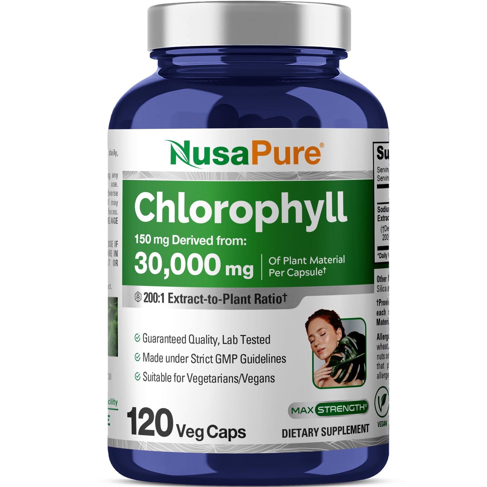 NusaPure Chlorophyll 200:1 Extract, 150 mg Equivalent to 30,000 mg per Capsule 120 Vegetarian Caps (Non-GMO, Vegan) - Maple Wellness Supplements