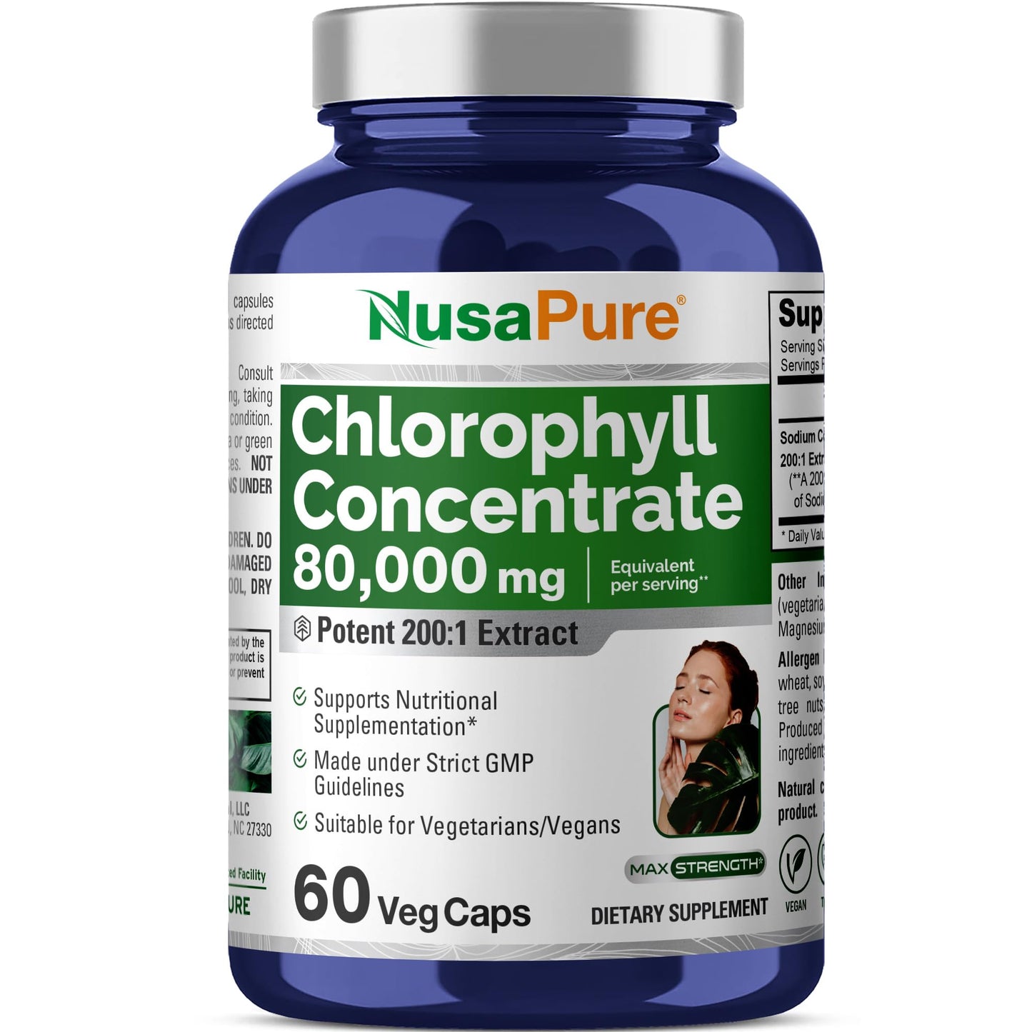 NusaPure Chlorophyll 200:1 Extract, 400 mg Equivalent to 80,000mg 60 Veggie Caps (Equivalent 80000mg per Serving, Non-GMO, Vegan) Sodium Copper Chlorophyllin - Maple Wellness Supplements