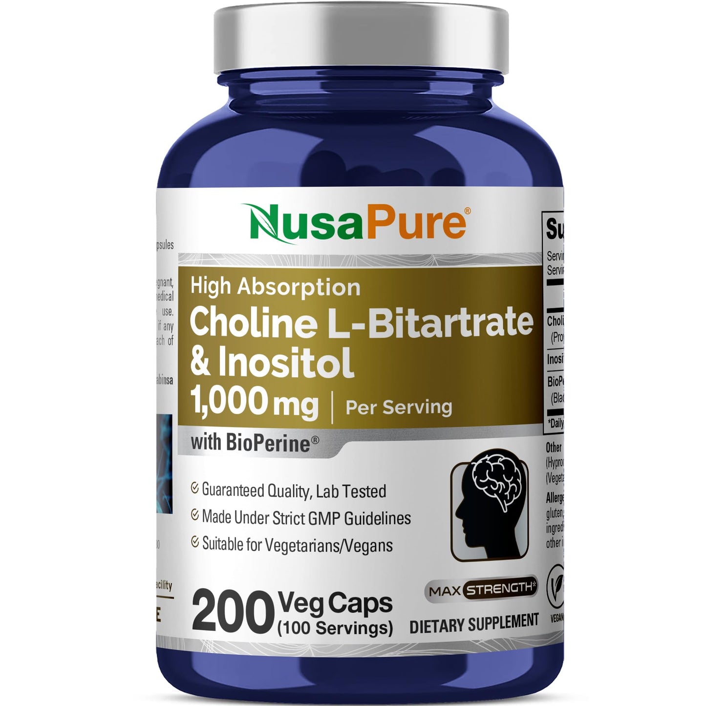 NusaPure Choline & Inositol - Suitable for Vegetarian/Vegan, Non - GMO - 1000mg - 200 Veggie Capsules - Maple Wellness Supplements