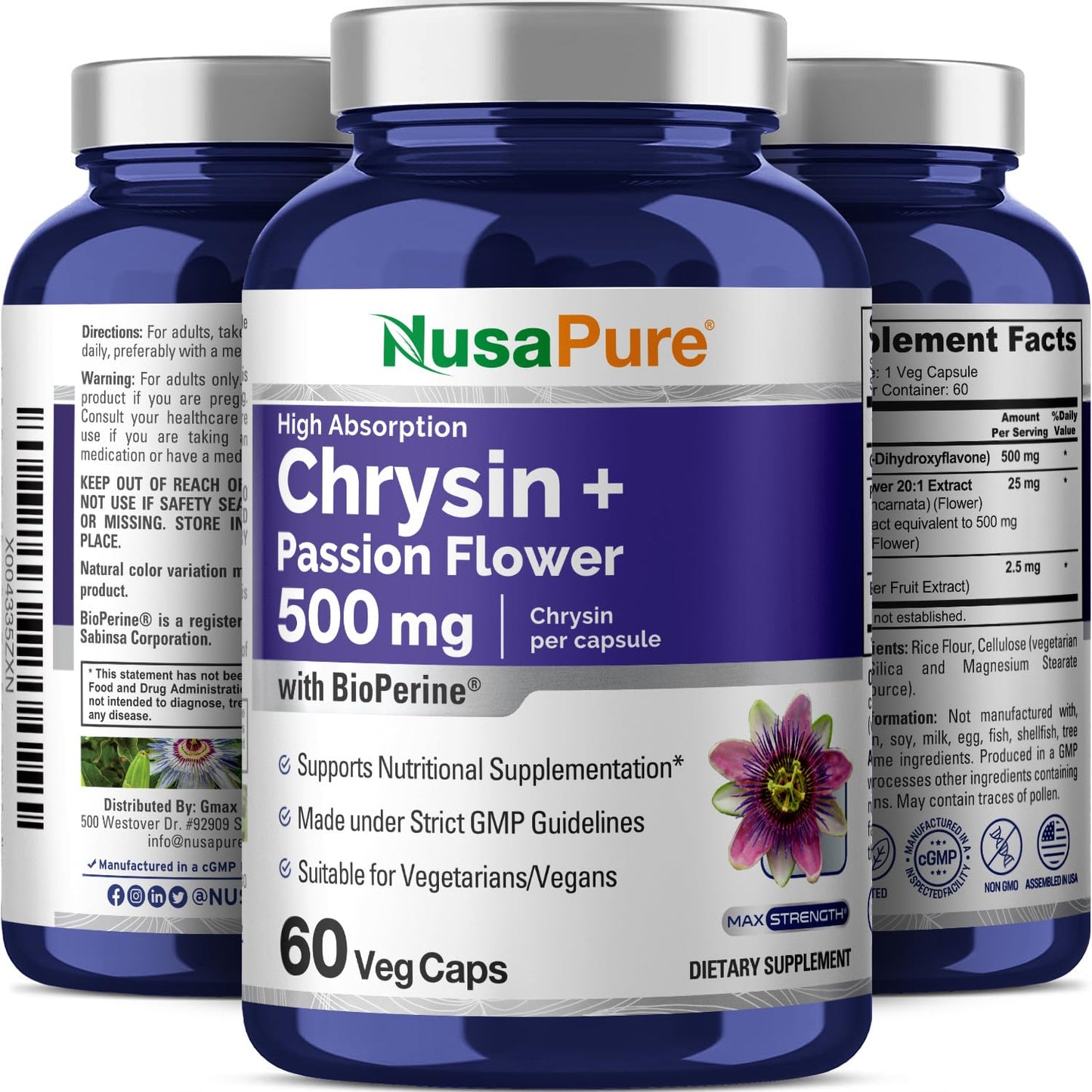 NusaPure Chrysin 500mg, 60 Veggie Capsules | Passion Flower Complex 500mg Supplement | 5, 7-Dihydroxyflavone | Concentrated Extract | Non-GMO, BioPerine & Vegan - Maple Wellness Supplements