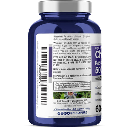NusaPure Chrysin 500mg, 60 Veggie Capsules | Passion Flower Complex 500mg Supplement | 5, 7-Dihydroxyflavone | Concentrated Extract | Non-GMO, BioPerine & Vegan - Maple Wellness Supplements