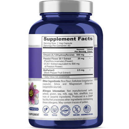 NusaPure Chrysin 500mg, 60 Veggie Capsules | Passion Flower Complex 500mg Supplement | 5, 7-Dihydroxyflavone | Concentrated Extract | Non-GMO, BioPerine & Vegan - Maple Wellness Supplements