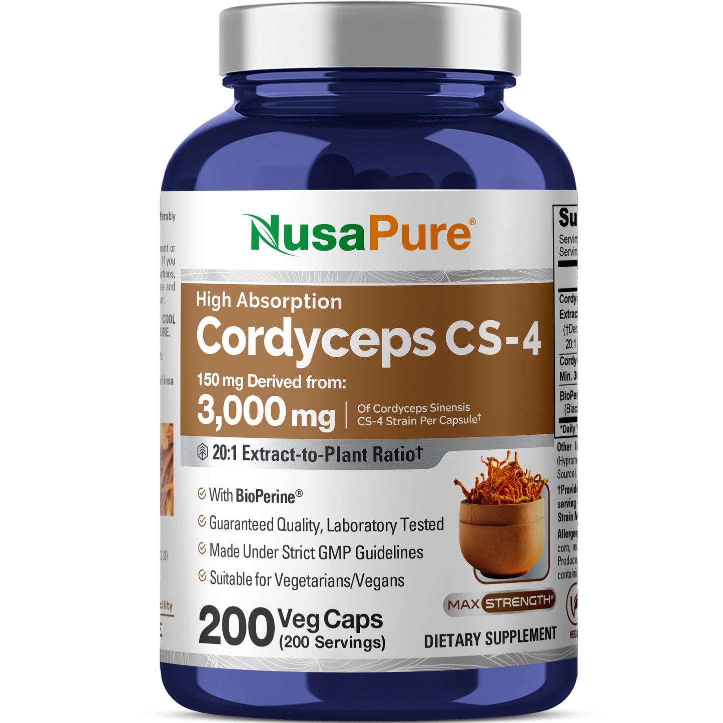 NusaPure Cordyceps 20:1 Extract, 150 mg Equivalent to 3,000mg 200 Veggie Capsules (Sinensis CS-4, Non-GMO, Vegan) Bioperine - Maple Wellness Supplements
