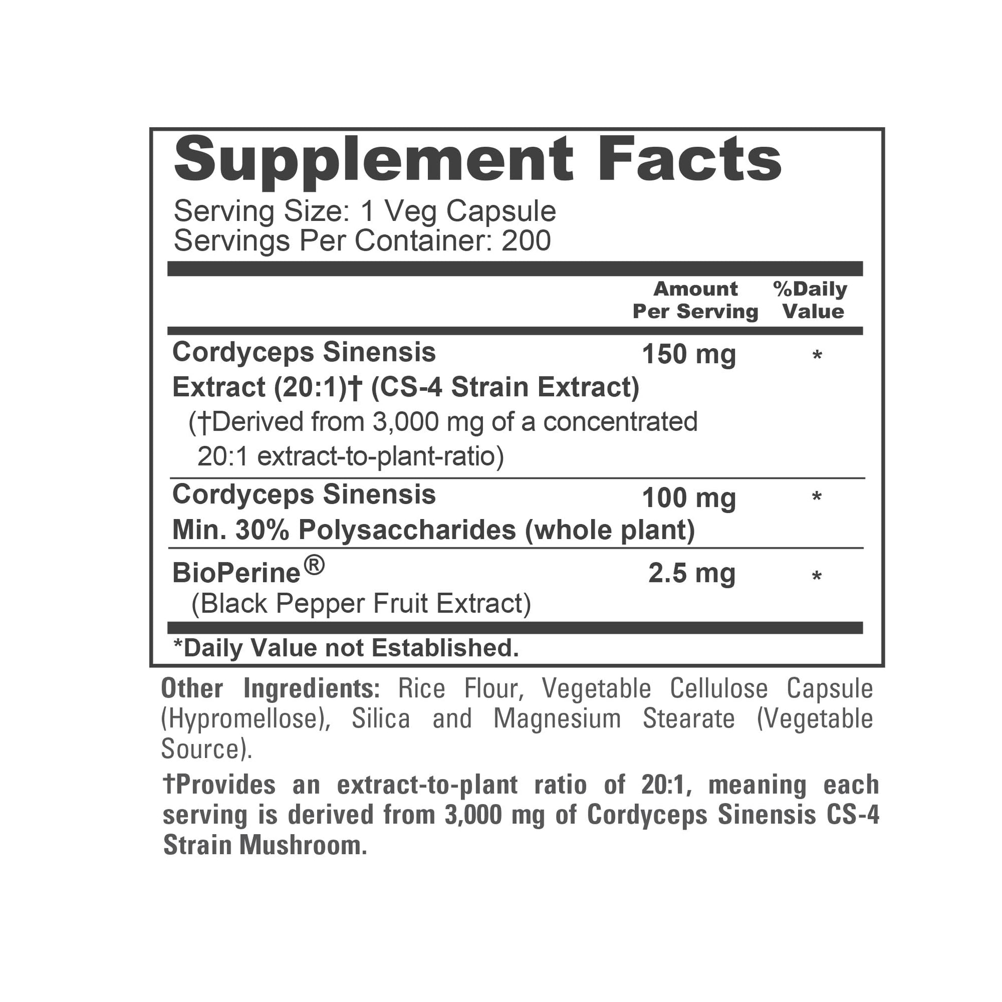 NusaPure Cordyceps 20:1 Extract, 150 mg Equivalent to 3,000mg 200 Veggie Capsules (Sinensis CS-4, Non-GMO, Vegan) Bioperine - Maple Wellness Supplements