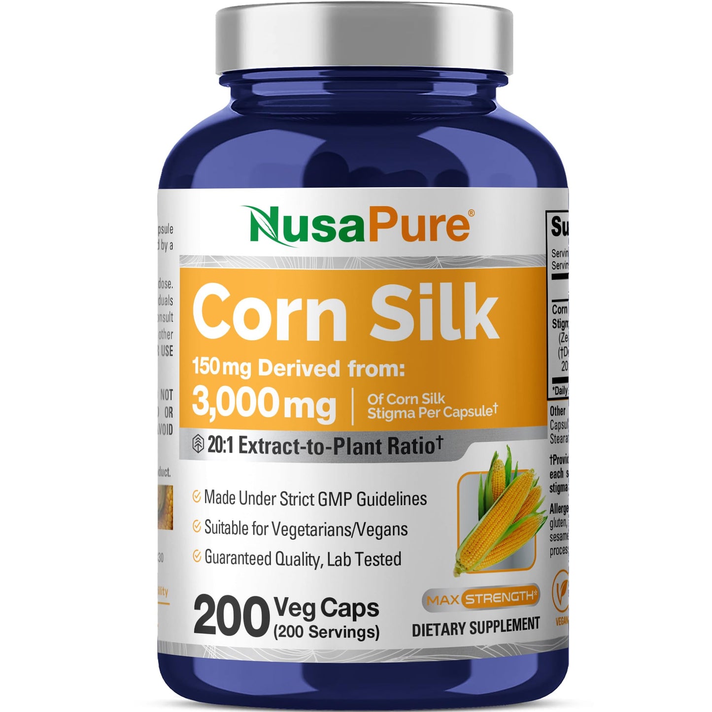 NusaPure Corn Silk Extract 3,000 mg per Caps - 200 Veggie Caps (100% Vegetarian, Non-GMO, Extract 20:1, Vegan) - Maple Wellness Supplements