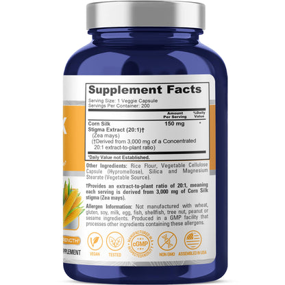 NusaPure Corn Silk Extract 3,000 mg per Caps - 200 Veggie Caps (100% Vegetarian, Non-GMO, Extract 20:1, Vegan) - Maple Wellness Supplements