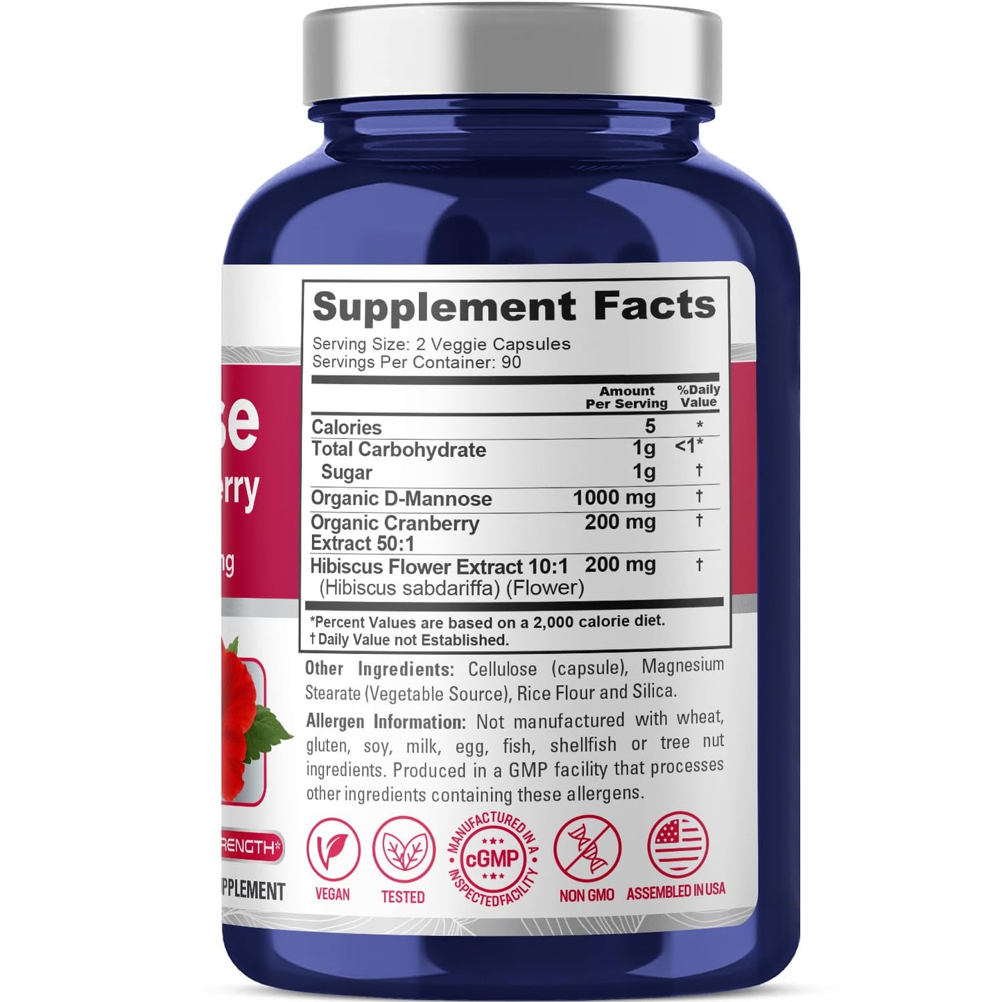 NusaPure D-Mannose Complex 1400 mg (with Hibiscus and Cranberry) - 180 Veggie Caps Non-GMO & Vegan - Maple Wellness Supplements