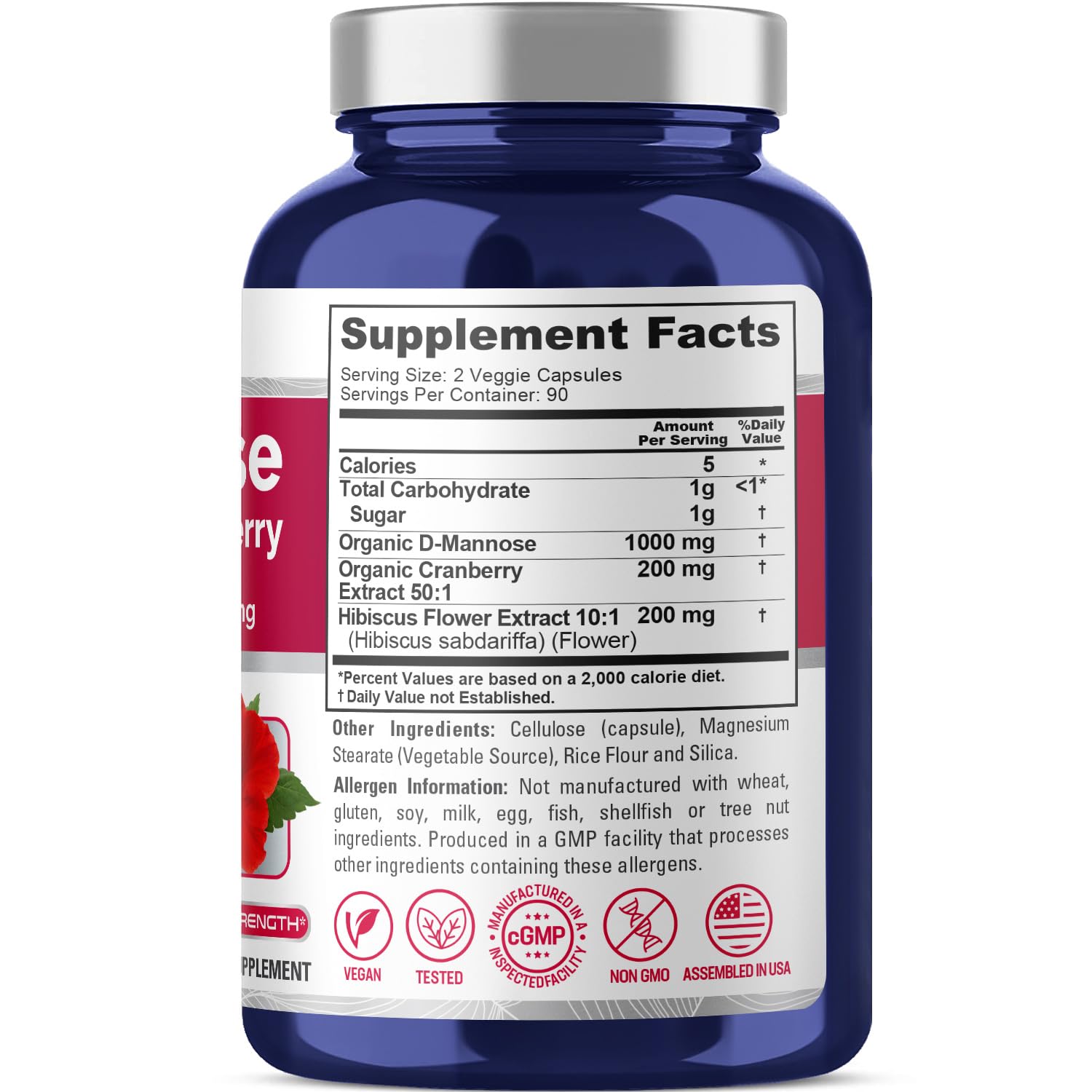 NusaPure D-Mannose Complex 1400 mg (with Hibiscus and Cranberry) - 180 Veggie Caps Non-GMO & Vegan - Maple Wellness Supplements