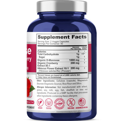 NusaPure D-Mannose Complex 1400 mg (with Hibiscus and Cranberry) - 180 Veggie Caps Non-GMO & Vegan - Maple Wellness Supplements