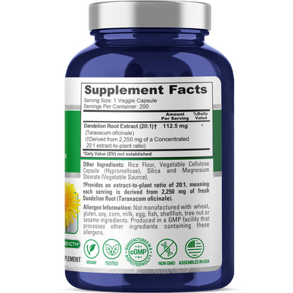 NusaPure Dandelion Root 20:1 Extract, 112.5 mg Equivalent to 2,250 mg 200 Veggie Capsules (Non-GMO, Vegan) - Maple Wellness Supplements