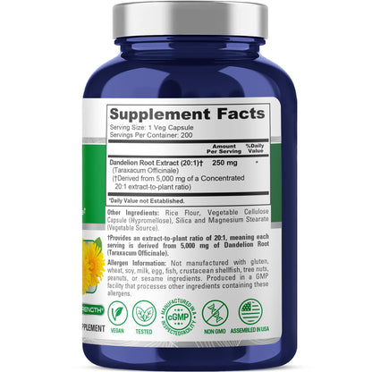 NusaPure Dandelion Root 20:1 Extract, 250 mg Equivalent to 5000mg 200 Veg Capsules (Vegan, Non-GMO) - Maple Wellness Supplements
