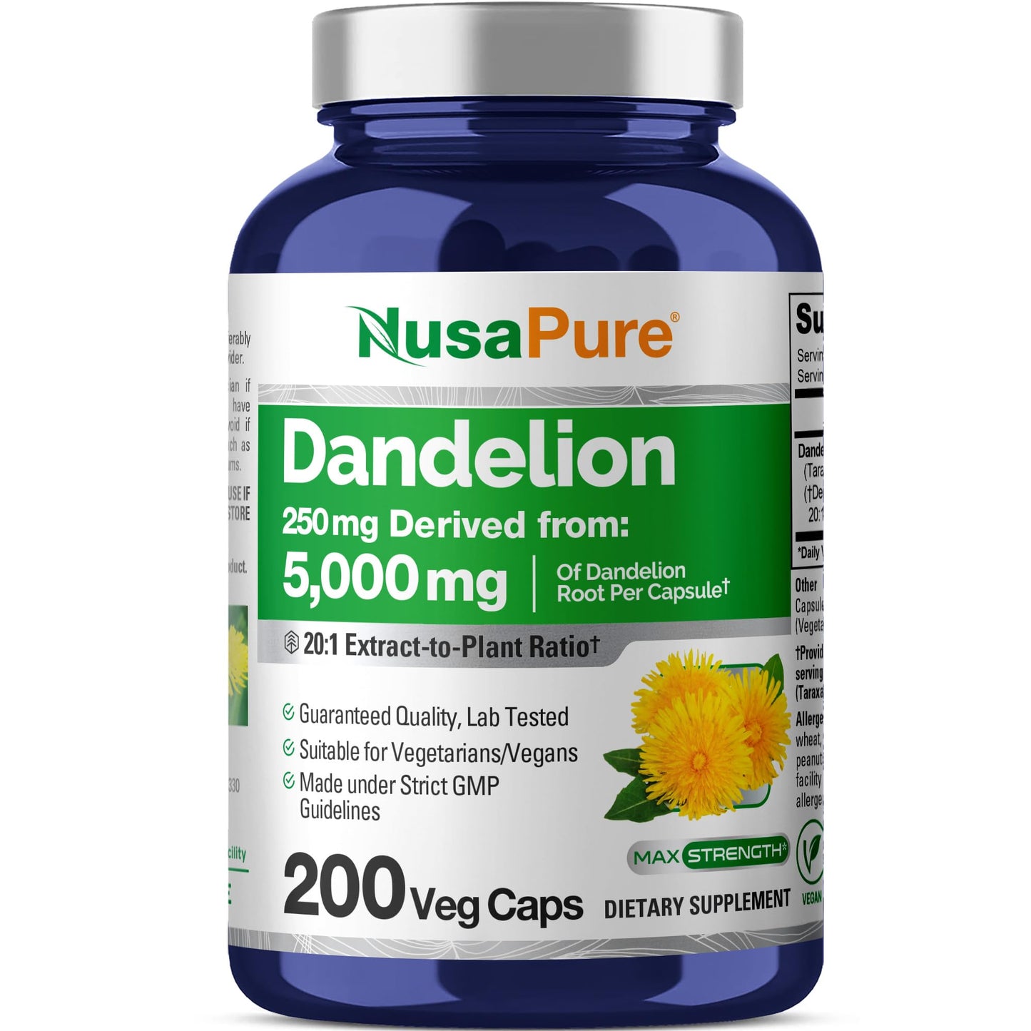NusaPure Dandelion Root 20:1 Extract, 250 mg Equivalent to 5000mg 200 Veg Capsules (Vegan, Non-GMO) - Maple Wellness Supplements