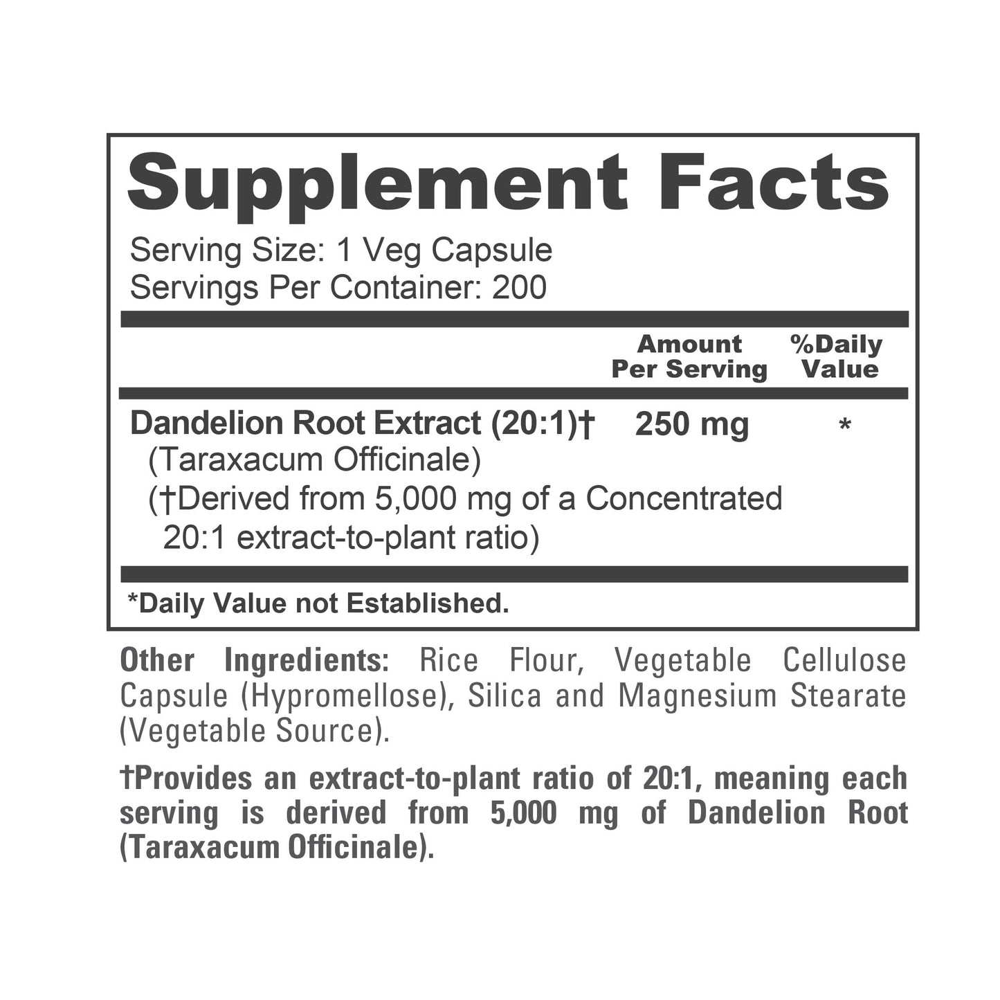 NusaPure Dandelion Root 20:1 Extract, 250 mg Equivalent to 5000mg 200 Veg Capsules (Vegan, Non-GMO) - Maple Wellness Supplements