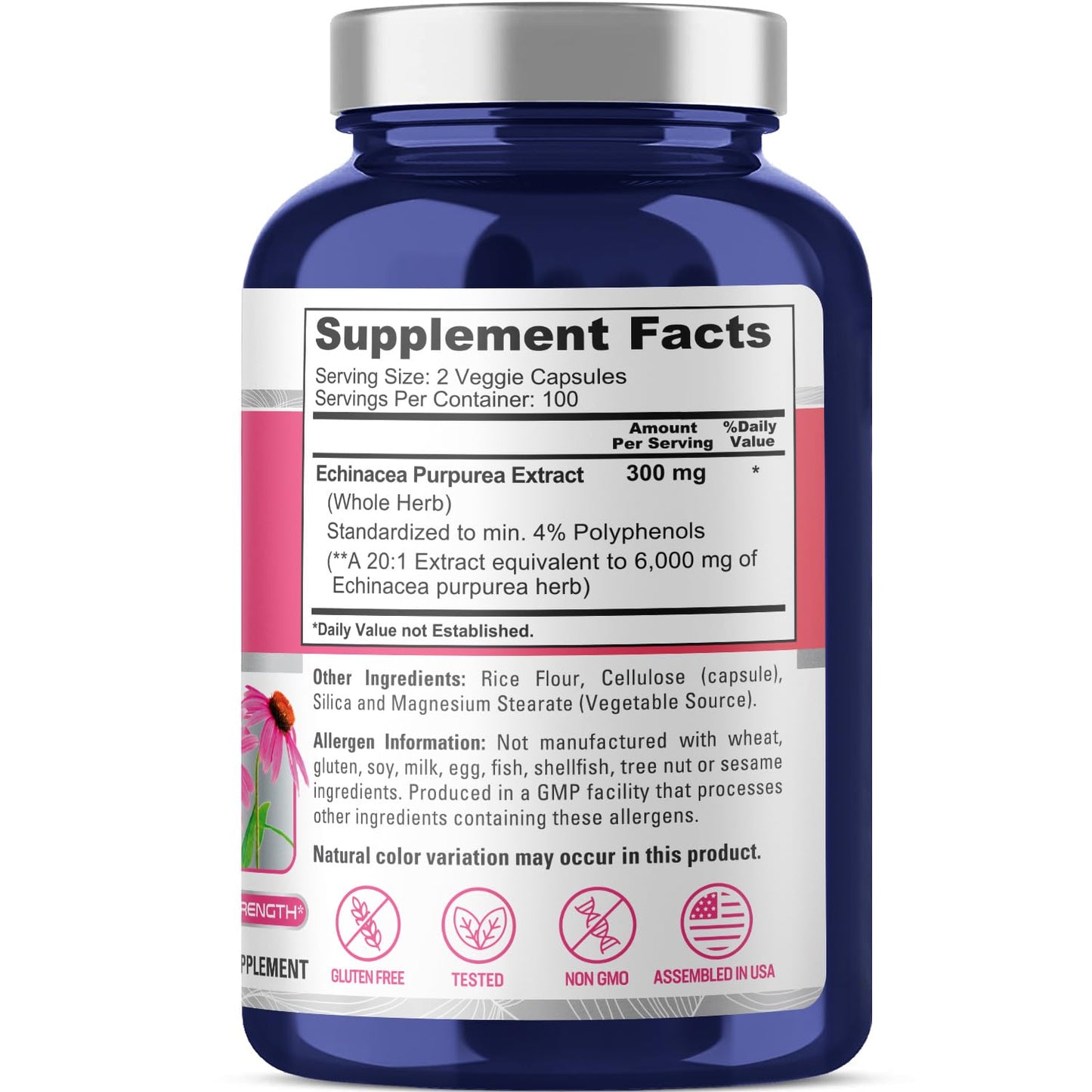 NusaPure Echinacea 20:1 Extract, 300 mg Equivalent to 6,000mg 200 Veggie Caps, Vegan, Non-GMO, Gluten Free Supplement - Maple Wellness Supplements