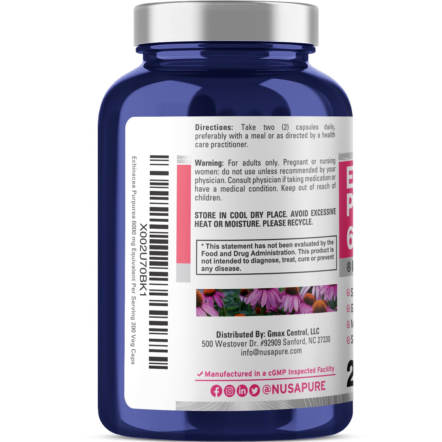 NusaPure Echinacea 20:1 Extract, 300 mg Equivalent to 6,000mg 200 Veggie Caps, Vegan, Non-GMO, Gluten Free Supplement - Maple Wellness Supplements