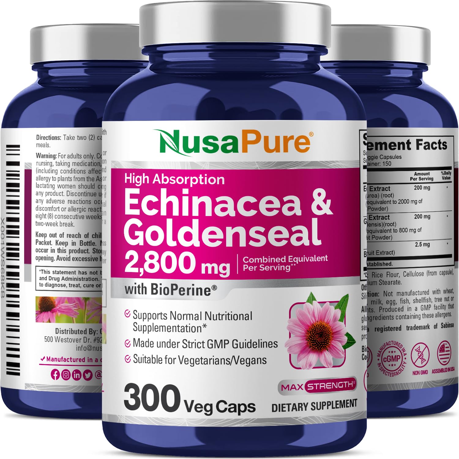 NusaPure Echinacea Goldenseal 200mg, (Extract 10:1, Equivalent to 2,000mg), 200mg, (Extract 4:1, Equivalent to 800mg) - 2800mg 300 Veggie Caps (Vegetarian, Non-GMO, Vegan) - Maple Wellness Supplements
